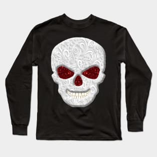 Lacy Floral Faux Red Glitter Eyes Skull Long Sleeve T-Shirt